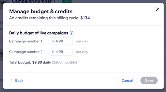 A screenshot of the manage subscription and budget page.