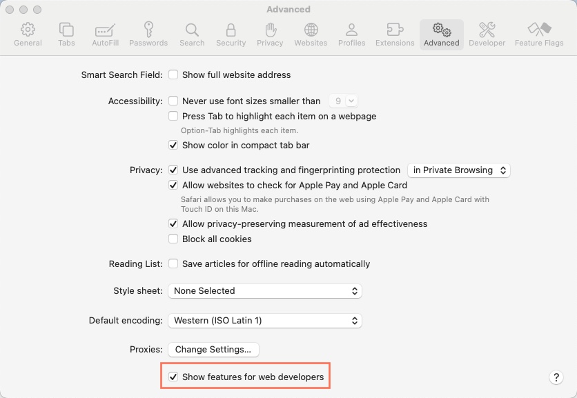 A screenshot of the settings panel in Safari with the Show features for web developers checkbox selected.