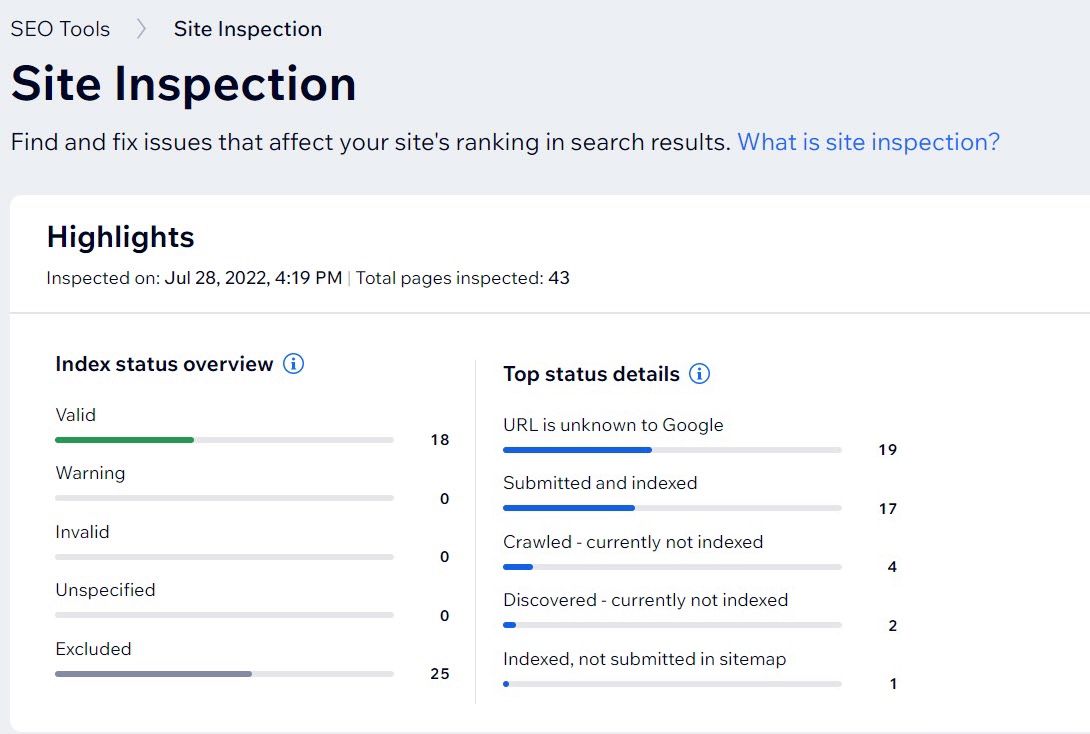 A seção Destaques do relatório de inspeção do site