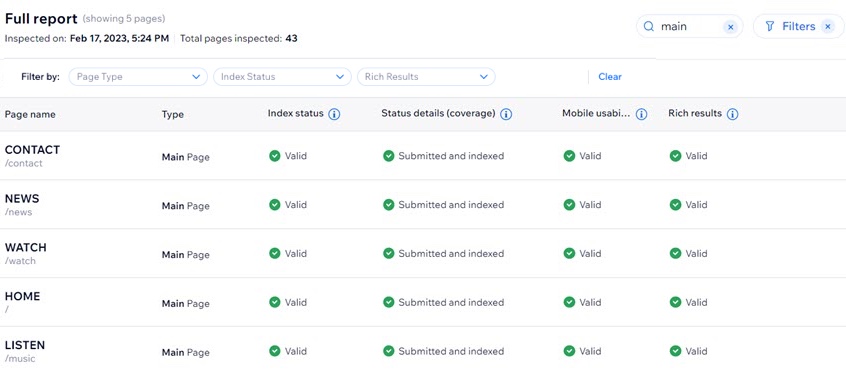 A screenshot of the Full report section of the Site Inspection tool