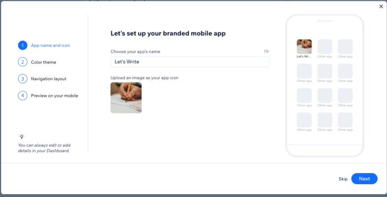 A screenshot of a branded app setup from Wix Studio when the option 'create from scratch' is selected.