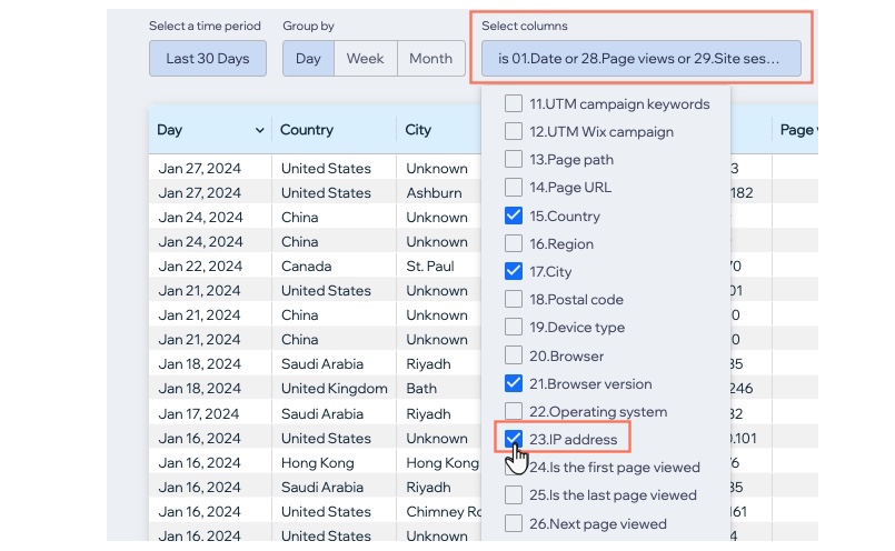 screenshot of select columns with IP address checkbox selected.