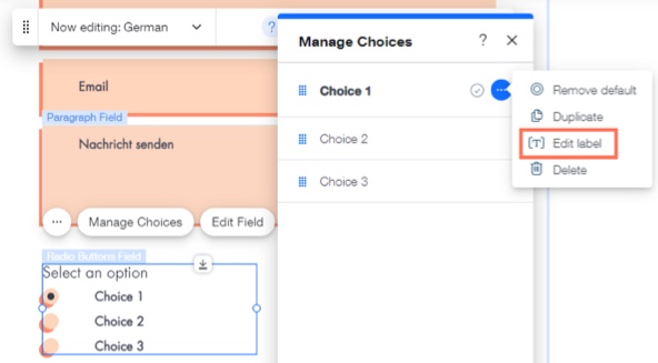 A screenshot of a multiple options form field with Edit Label selected.