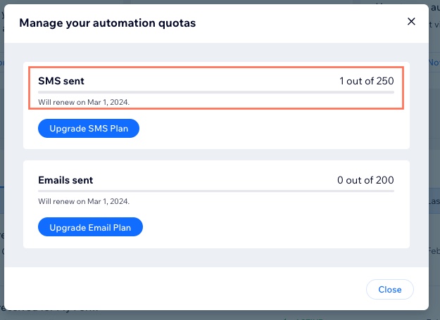 Uma captura de tela da área Gerenciar cotas no painel de controle de automações.