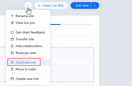 A screenshot of the site actions drop-down with duplicate site selected.