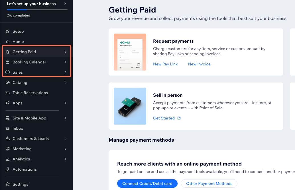 A screenshot of the Getting Paid and Sales tabs in the dashboard menu.