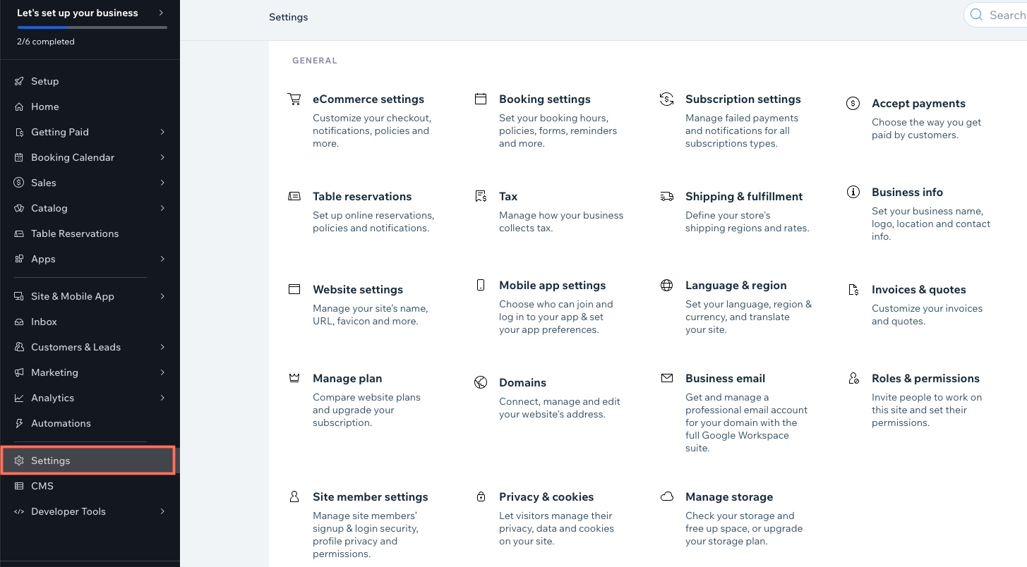 Uma captura de tela da aba Configurações no painel de controle do site.