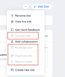 A screenshot of the site actions drop-down with some options unavailable.