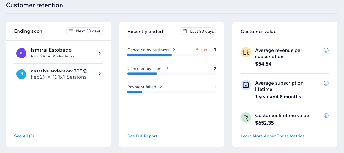 A screenshot of the customer retention section of the subscription analytics dashboard.