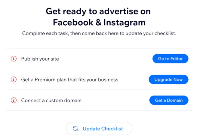 Facebook・Instagram 広告を開始するための、チェックリストのスクリーンショット。