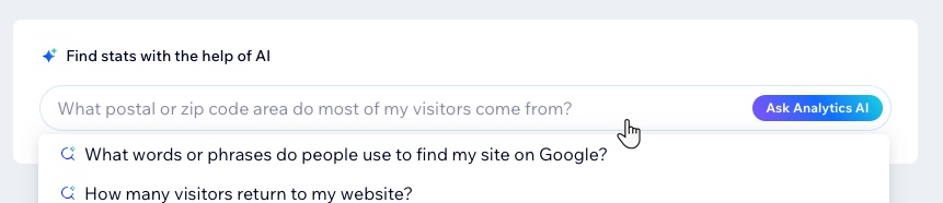 Screenshot des KI-Assistenten von Wix Analytics mit einer geöffneten Liste voreingestellter Fragen.
