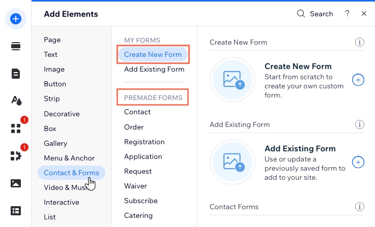 A screenshot of the Add panel in the editor with Contacts and Forms selected.