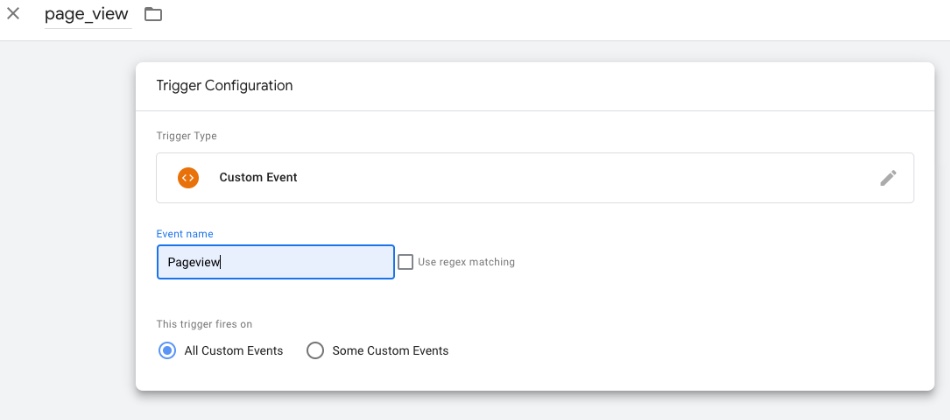 A screenshot of setting up Page View as a trigger in Google Tag Manager.