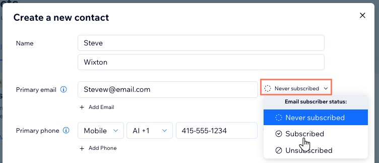 A screenshot of the subscription status dropdown next to a contact's primary email.