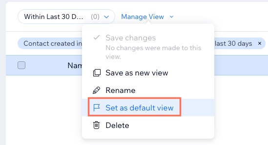 A screenshot of the Manage View drop-down with the set as default view option selected.