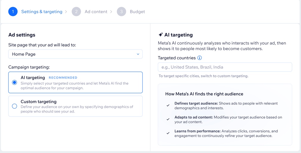 Screenshot der Einrichtung von Facebook- und Instagram-Werbeanzeigen mit Anzeigen-Targeting.