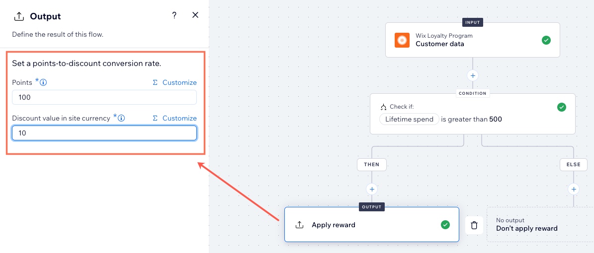 A screenshot of setting the points-to-discount output in the function builder.