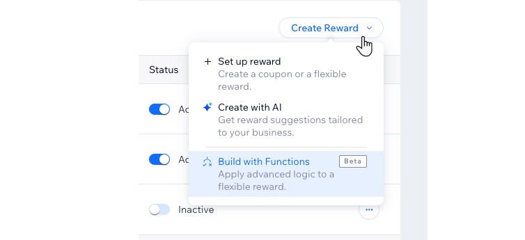 A screenshot of the Create Reward drop-down on the Loyalty program dashboard.