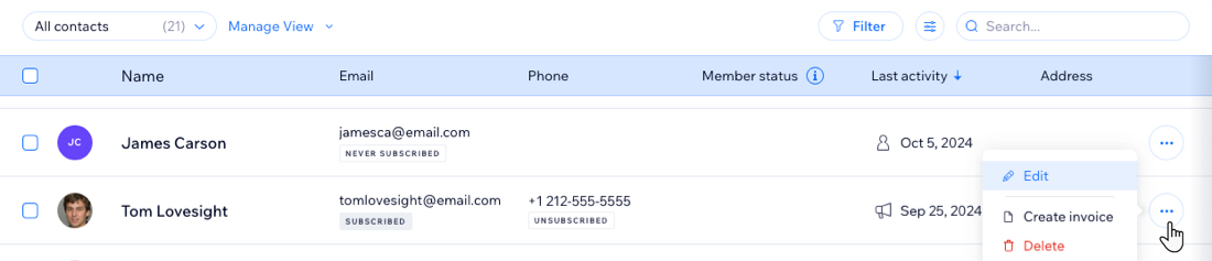 A screenshot of the contact list with the Edit contact option selected.