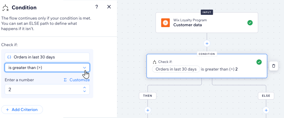 A screenshot of updating the condition step for wix loyalty program.