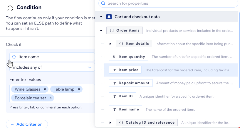 A screenshot of the condition step of a function with the property picker open.