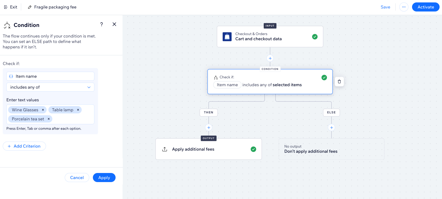 A screenshot of the function builder with a fragile packaging fee template.