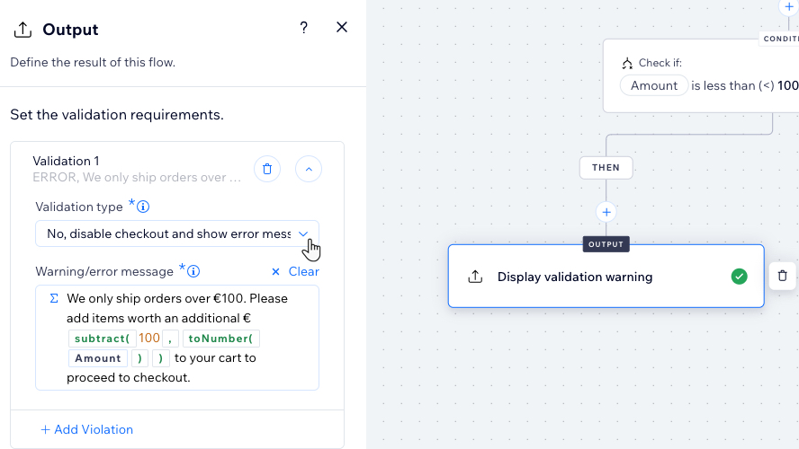 A screeshot of setting the validation message of a function.