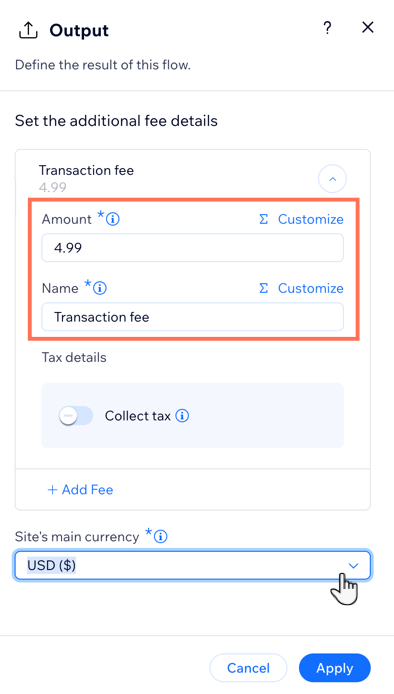 A screenshot of the output step of the transaction fee template.