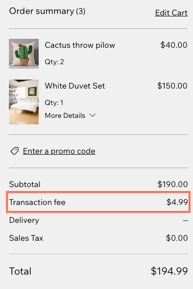 A screenshot of a transaction fee at checkout.