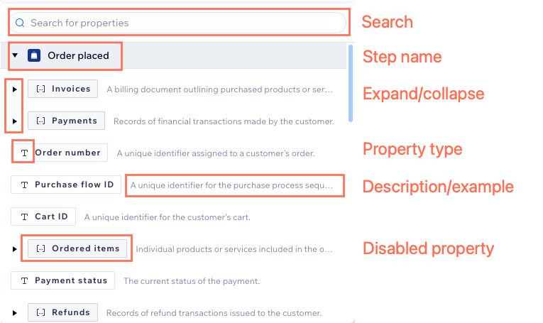 A screenshot of the property picker with each different component highlighted.