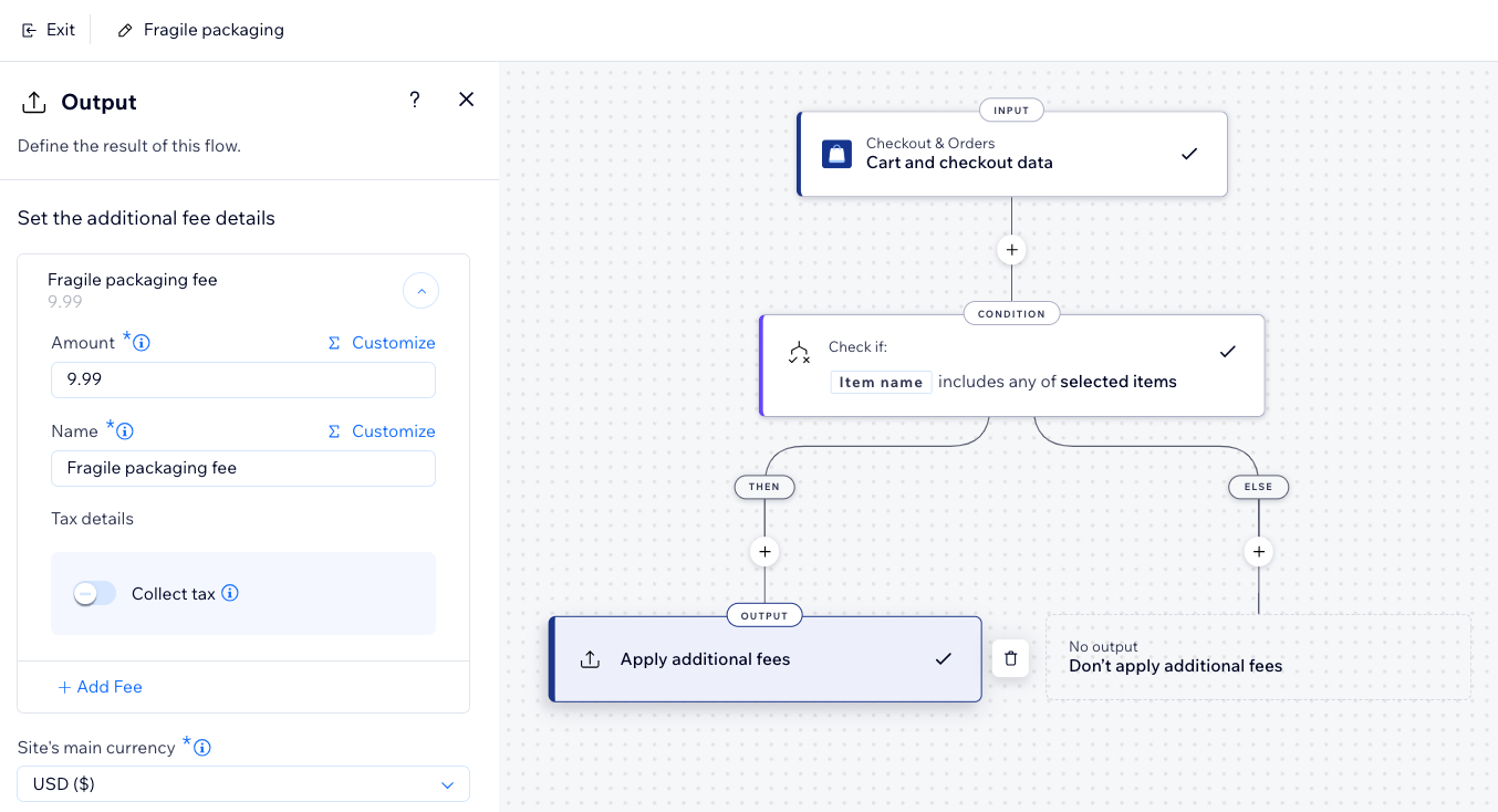 A screenshot of building a fragile packaging fee in the function builder.