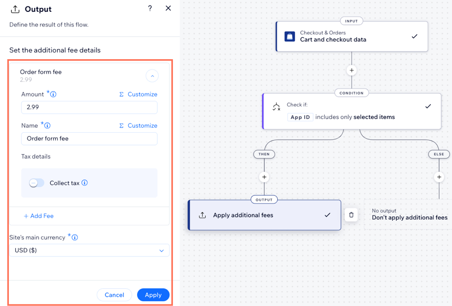 A screenshot of the payment form fee in the function builder.