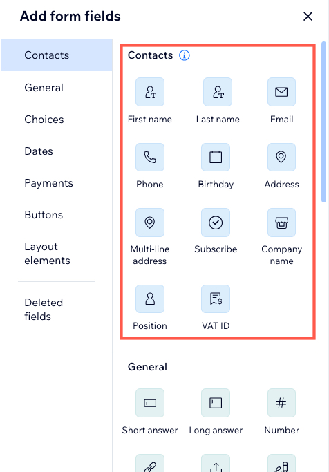 A screenshot of available contacts fields in the form builder.