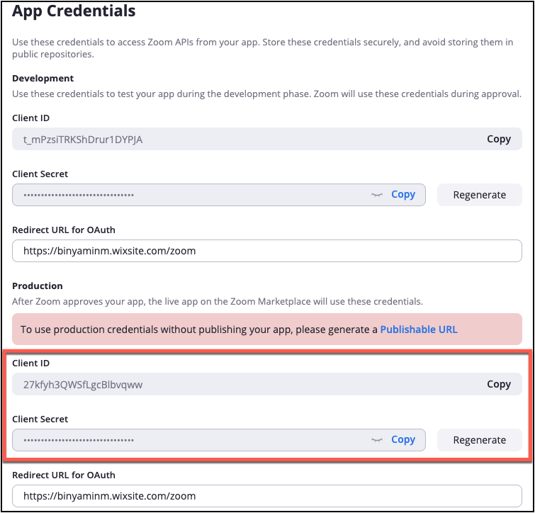 Sample Zoom App Credentials