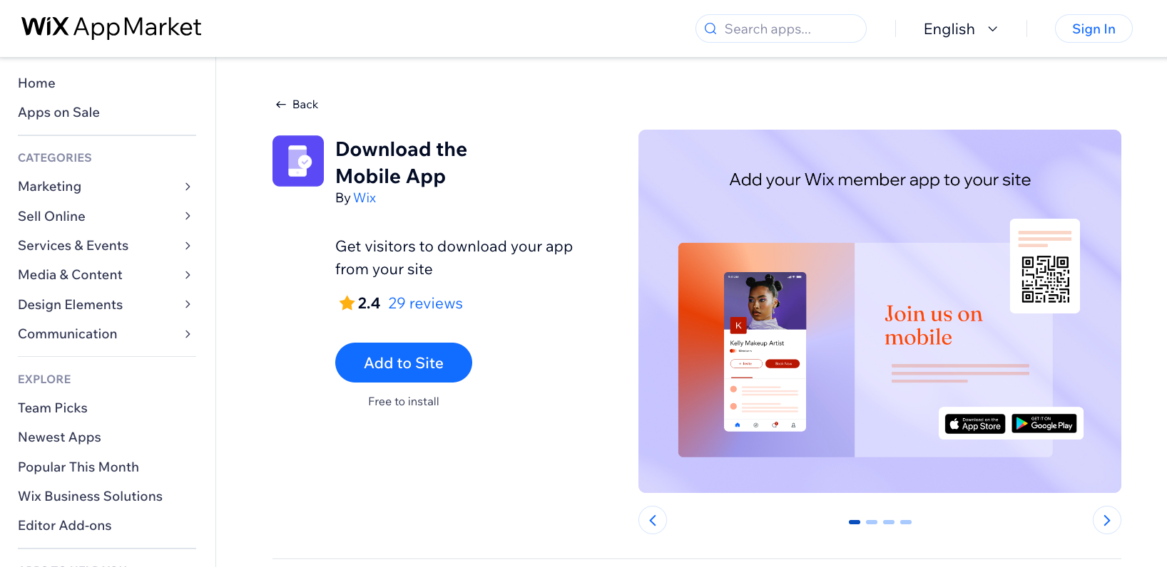 Screenshot of Download Mobile App in Wix App Market