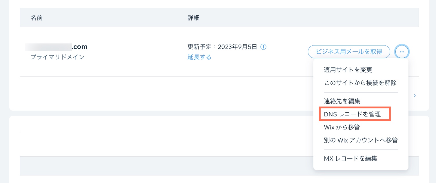 「ドメイン設定」メニューで「DNS レコードを管理」オプションが表示されたスクリーンショット。