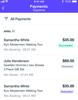 A screenshot showing an overview of all the payments