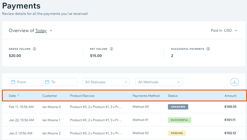 Payments table showing multiple examples of possible transaction types,