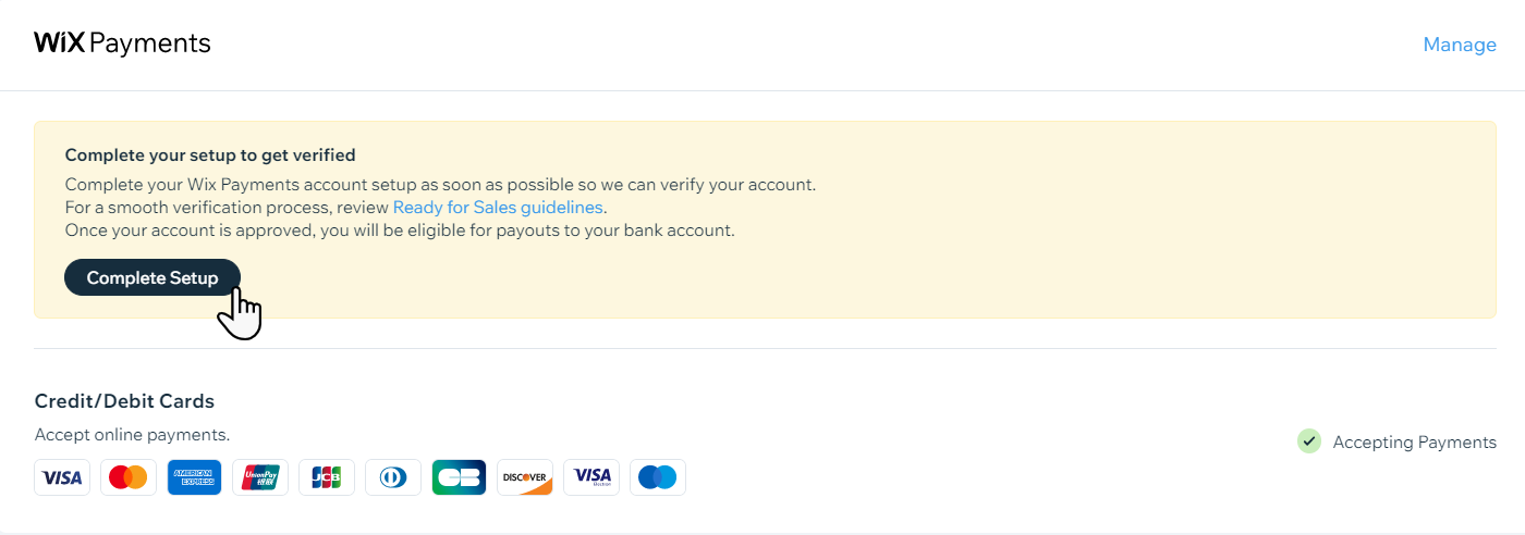 Complete setup for Wix Payments,