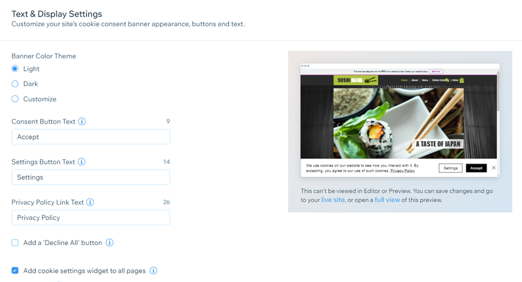 Text and display setting options,