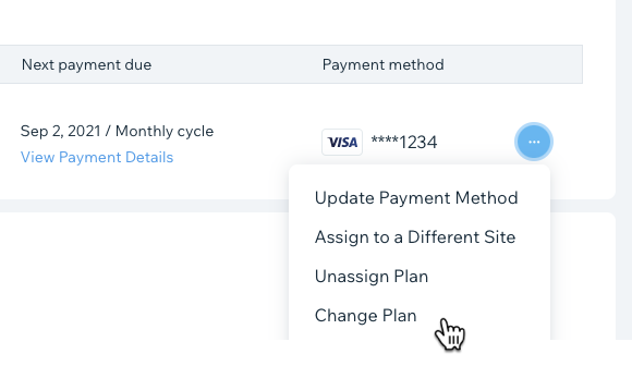 A screenshot showing the Change Plan option for a Wix Premium subscription.