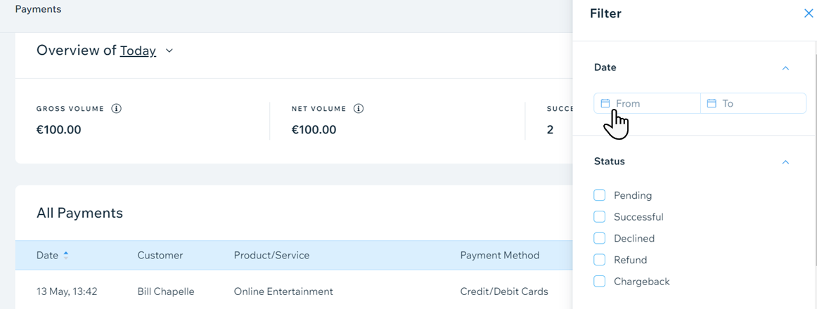 A screenshot showing the available payments filters.