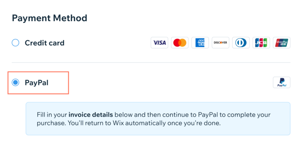 A screenshot showing PayPal as the selected payment method when purchasing a Wix upgrade plan.