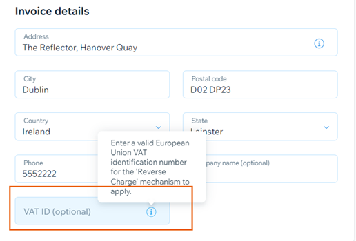 A screenshot showing the VAT ID field in the invoice details section of the Wix checkout screen.