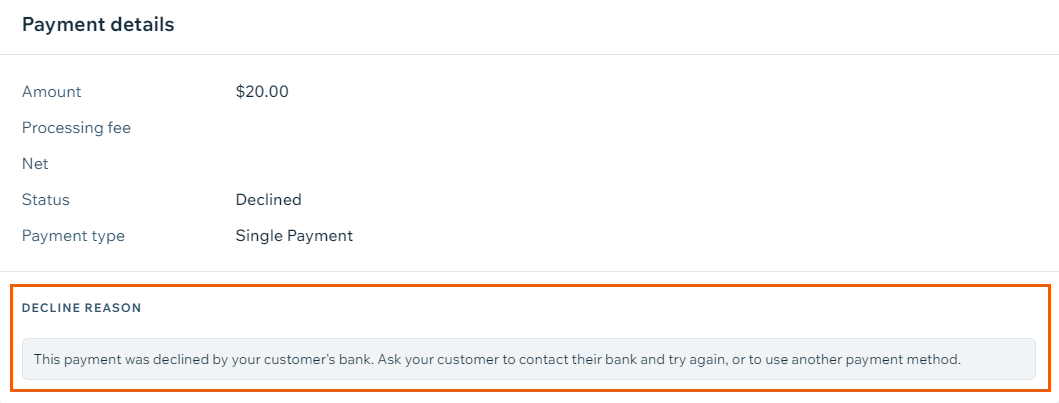 Declined payment. A message shows the bank declined the payment,