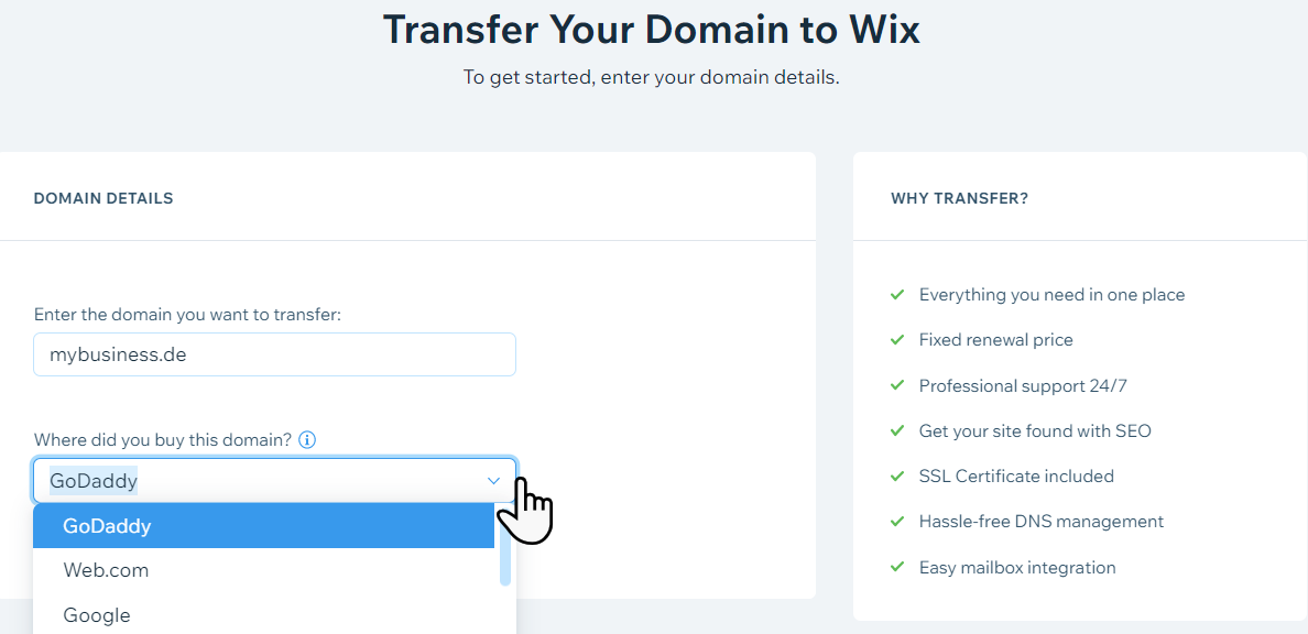 Screenshot, der zeigt, wie du eine Domain zu Wix transferierst