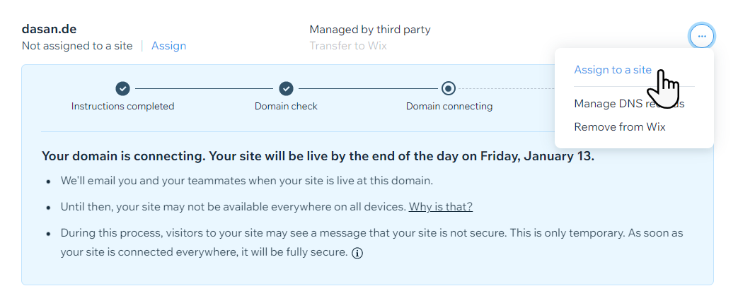 A screenshot showing how to assign a domain to a website.