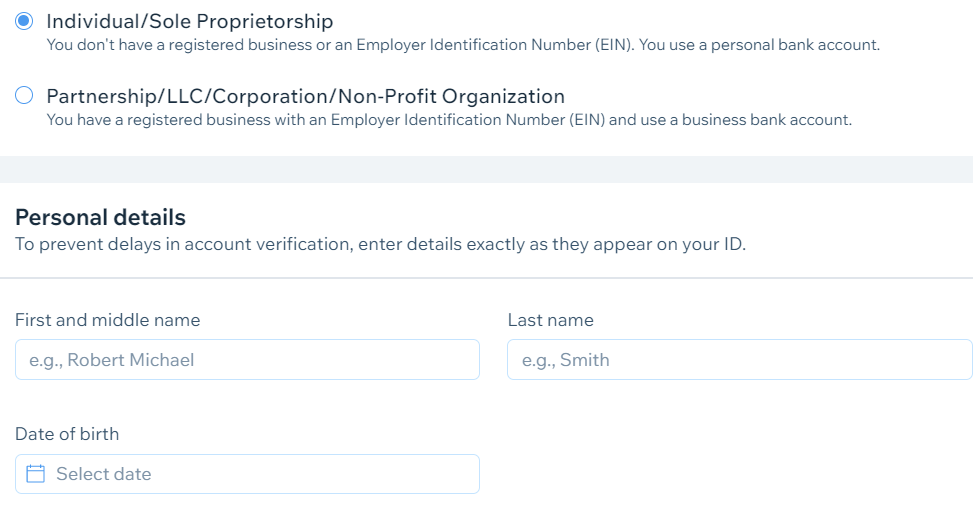 Individual account form,