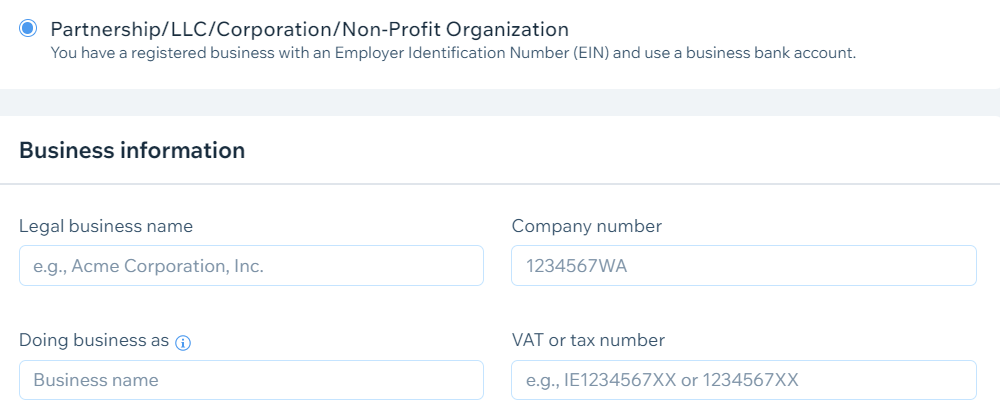 Business account form,