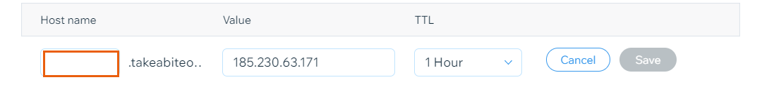 A screenshot showing the Host name field when adding DNS records in a Wix account.